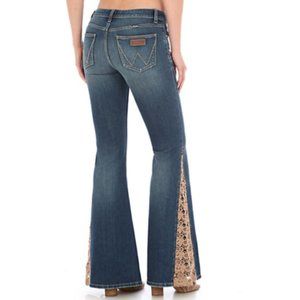 WRANGLER  Denim Western Crochet Lace Insert Bell Bottom Flare Jeans 19 X32 NWT